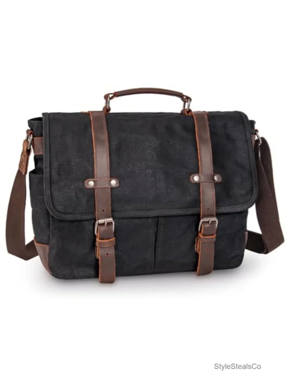 Vintage Genuine Leather Waxed Canvas Laptop Messenger Bag with Padded Sleeve